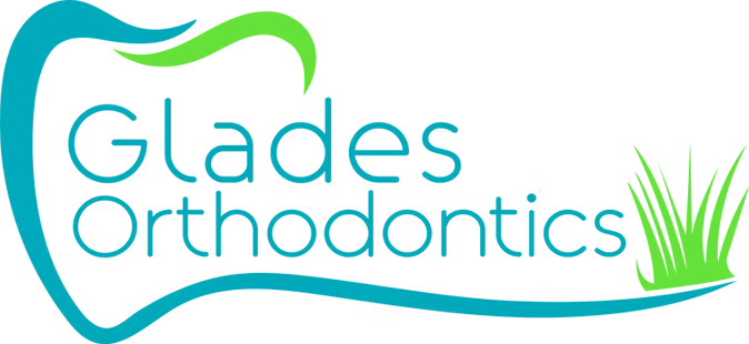 The image displays a logo with text that reads  GLADES ORTHODONTICS  and includes a graphic element resembling a stylized plant, accompanied by the tagline  Glares Orthodontics  in a playful font style.